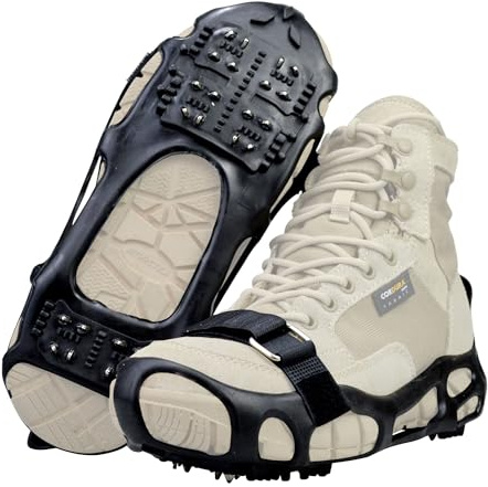 Ice Cleats Traction Crampons for Shoes and Boots - Anti-Slip Walking on Snow and Ice - Overshoe Rubber Grippers With 24 Studs - Slip-on Stretch Footwear for Men Women With Straps - Small