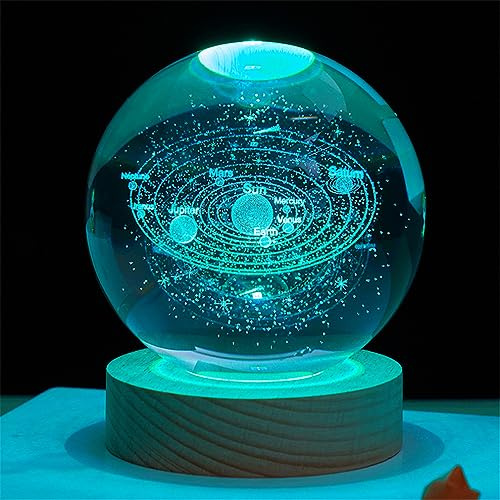 HADAVAKA K9 Cristallo 3D Sfera del Sistema Solare, Sfera di Cristallo Multicolore Luce Notturna Artigianato, con Base A LED, Modello di Pianeta 6/8cm, Casa Decorativa Giorno Regali (6CM,Sun)