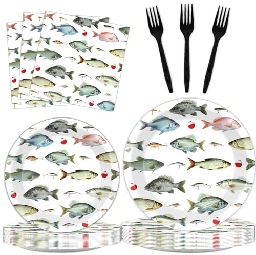 96Pcs Gone Fishing Party Plates and Napkins Fishing Themed Birthday Party Supplies for Little Fisherman Paper Dessert Plates Gone Fishing Tableware for 24 Guests for Ofishally One Party Decorations