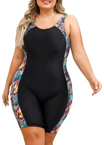 IBAKOM Women One-Piece Swimsuit Tummy Control Plus Size Swimsuit Rash Guard Boyleg Monokinis Surfing Bathing Suit Contrast Colors Leaf 4XL