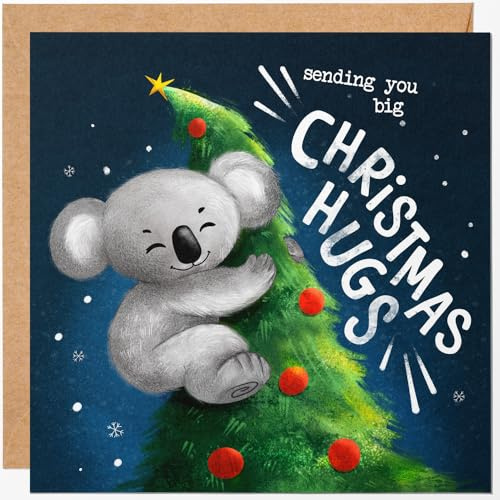 Christmas Card with Cute Koala on the Tree - Single Greeting Card with Sending You a Big Christmas Hugs Text, Xmas Card for Her, Him, Family, Sister, Brother, Mum, Dad