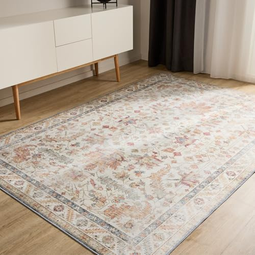 benuta Basic Waschbarer Teppich George - Multicolor/Beige 200x300 cm - Kunstfaser - Rechteckig & im Style: Vintage, Elegant, Retro - Pflegeleicht für Wohnzimmer Schlafzimmer
