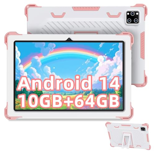 2024 barnsurfplatta 10 tum, barnsurfplatta Android 14 Octa-Core, 10 GB RAM 64 GB ROM(TF 1TB), föräldrakontroll, IWawa App för barn, med anti-fall skyddshölje, gåva för barn, blå, rosa