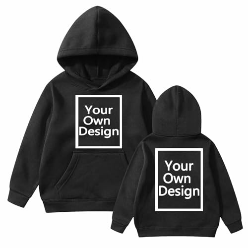 Personalised Kids Hoodie Any Text Image Photo Custom Hooded Top Customisable Front and Back Custom Boys Girls Hoody Hooded Sweatshirt Create Your Own Custom Hoody Top Boys Girls Ages 3-11 Years Black