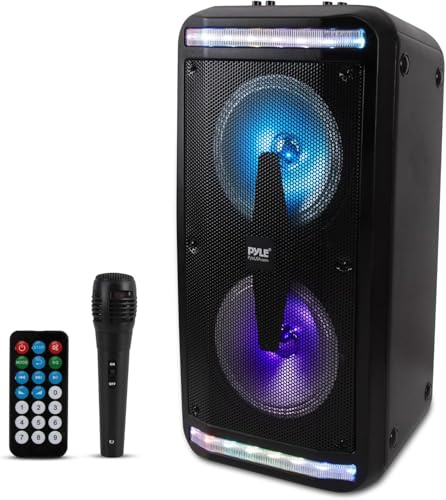 Pyle Bluetooth Speaker and PA System - Portable Stereo Karaoke System with Wired Mic, Built-in LED Party Lights, MP3/USB/Micro SD Readers, FM Radio, 8 Subwoofers, 600W MAX, 11.4 x 10.4 x 23.2