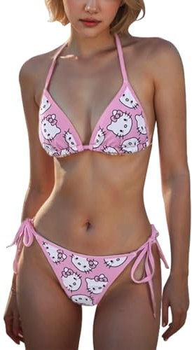 AOWVUTS Bikini Set Damen Sexy Triangel String Neckholder Bikini-Sets Cute Kitty Zweiteiliger Badeanzug Push Up Ties-up Bikinioberteil Bademode Verstellbare mit Bikinihose Swimsuit