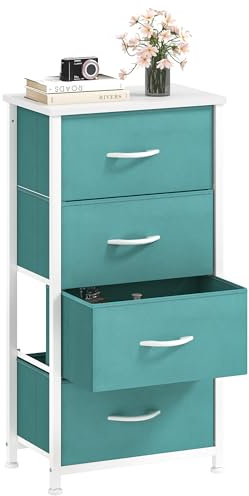 DWVO Chest of Drawers, Fabric Chest of Drawers, Bedroom Cabinet with 4 Drawers,Dresser for Bedroom,Living Room With Handles,Wood Top and Sturdy Steel Frame, Green
