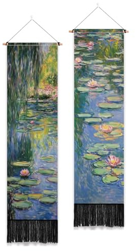PLIGREAT 2 Pack Oil Painting Tapestry with Tassels, Lotus Pond Art Wall Hanging Vertical Monet Style Home Wall Tapestry for Bedroom Living Room Long Narrow Decor, 52 x 13