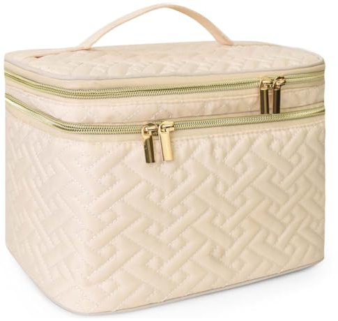 Loyzcy Makeup Bag Organiser for Women, Large Double Layer Cosmetic Make Up Bag with Brush Compartment, Portable and Water-Resistant Toiletry Bag Travel Essentials, White