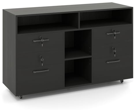 GIANTEX Cassetto da scrivania mobile con 4 cassetti chiusi con 8 chiavi, 4 ripiani aperti, ripiano centrale regolabile, armadio con raccoglitori su ruote per documenti A4, formato lettera (nero)
