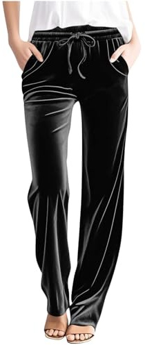Velvet Trousers Womens Straight Leg Drawstring Elasticated Waist Trousers Solid Color Lounge Long Pants Comfy Loose Casual Walking Pants Full Length Bottoms with Pockets Black