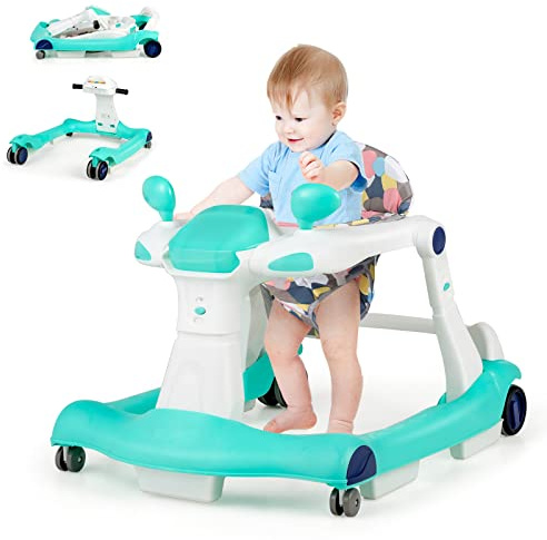 RELAX4LIFE 2 in 1 Girello Neonato 6-18 Mesi, Primi Passi Pieghevole per Bambini con Altezza e Velocità Regolabili, Musica e Luce, Cuscino Rimovibile e Lavabile, Fino a 15 KG (BLU)