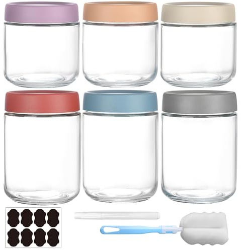 Clear Glass Jar with Screw Lid Leakproof Overnight Oats Container 6 Pack 300ml/500ml Wide mouth Mason Salad jars Reusable Food Jars Cereal Milk Vegetable Jam Protein Porridge Clear Storage Containers