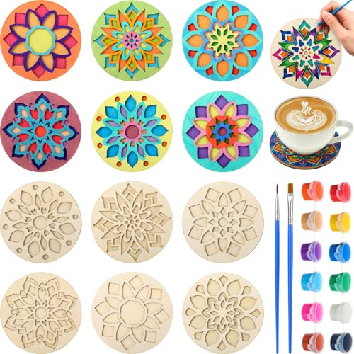 DoubleFill 12 Pcs Wooden Coasters Painting Kit DIY Craft Set, Mandala