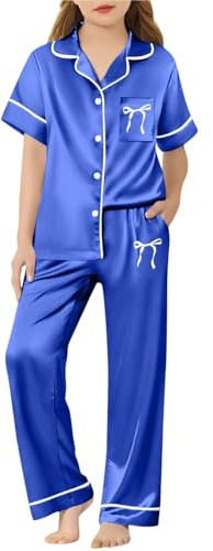 Conjuntos de Ropa para dormir de satén niñas y niños Juego de Ropa para dormir de Manga Corta con Botones 2 Piezas de Ropa de Dormir de Seda Ropa de Dormir Ropa de Estar por casa para niños