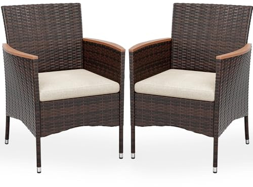 UDPATIO Gartenstühle 2er Set Rattan mit Kissen, Wetterfeste Gartenmöbel, Gartenstuhl Hochlehner für Balkon Terrasse, Outdoor Lounge Sessel, 60 * 59 * 85 cm, Braun