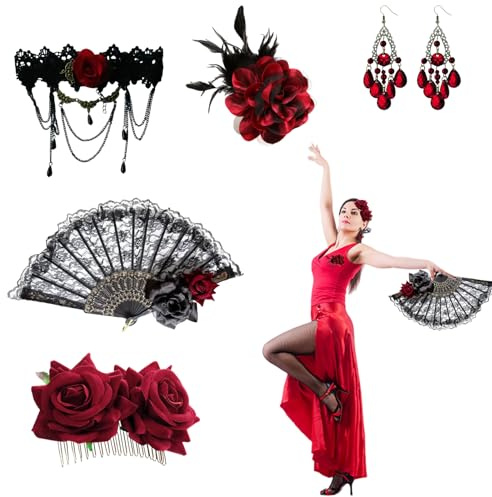 GWAWG Set di 5 accessori per capelli con fiore al seno, aghi, decorazione da sposa, per donne, rose, accessori per capelli, matrimonio, fermagli per capelli spagnoli, pieghevoli, con motivo a flamenco
