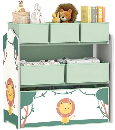 AIYAPLAY Scaffale Portagiochi Bambini a 3 Livelli con 6 Contenitori in Tessuto Rimovibili, Mobile Porta Giocattoli per Camera da Letto, Soggiorno e Camera dei Giochi, Verde