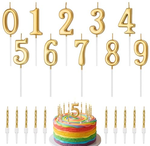 Kit de 20 velas de cumpleaños, números dorados, espiral, 10 unidades y 0 – 9 velas de pastel en forma de número, decoración para fiestas de cumpleaños, niños, adultos, feliz cumpleaños