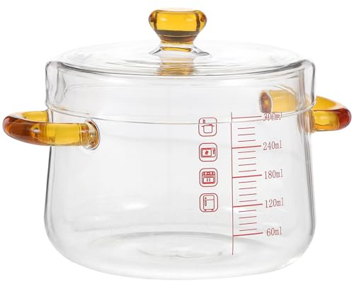 EXAOMBLE Olla de Vidrio para Cocinar 300Ml Doble Asa, Tapa y Resistente al Horno, Apta para Vapor y Baño María en Cocina Doméstica, Vidrio Borosilicato Transparente