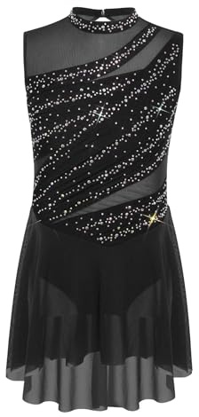 Sxiwei Fille Robe Danse Contemporaine sans Manche Strass Justaucorps Robe Patinage Artistique Enfant Tenue Compétition Spectacle