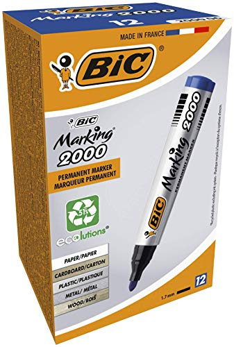 BIC Intensity, Marking 2000, Pennarelli Indelebili Blu ECOlutions, con il 51% di Materiali Riciclati, Punta Tonda Resistente, Cancelleria Casa e Ufficio, 12 Unità