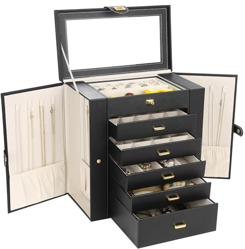 Kendal Extra Large Jewelry Box Jewelry Case PU Leather 6 Tier 5 Drawers Large Storage Capacity with Mirror Jewelry Storage Organizer Great Gift Also Good For Watches LJC-SHD5BK (black)
