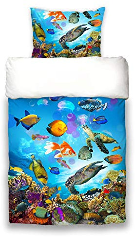 Schwanberg Bettwäsche Under Water Blau Fische Schildkröten Korallen Quallen Renforcé Softtouch, Größe:135 cm x 200 cm