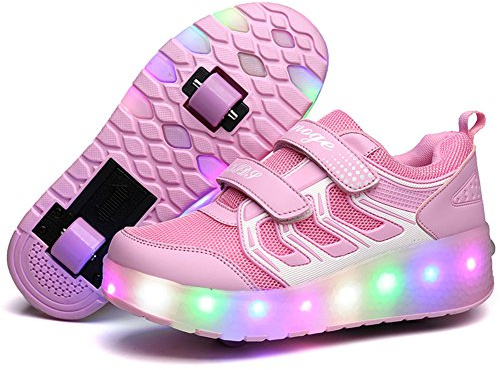 Unisex flickor pojkar skridskor, LED-skor med hjul, USB-uppladdningsbar enkel dubbel runda, automatisk skateboard för utomhussportskor, Rosa Ws Double, 32 EU