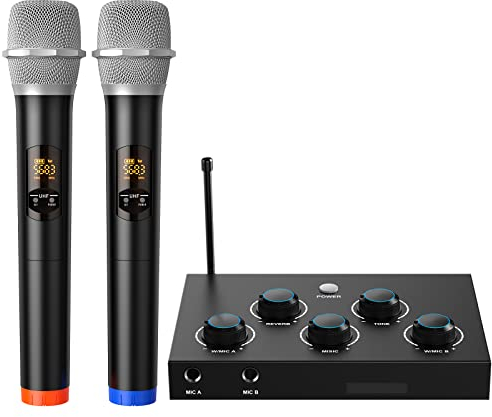 DIGITNOW! Micro Karaoke inalámbrico Bluetooth, Sistema de micrófono inalámbrico UHF Doble Profesional para Karaoke, TV, Fiesta, DJ, Iglesia, Boda, Reunión, con HDMI ARC, Aux, Óptica