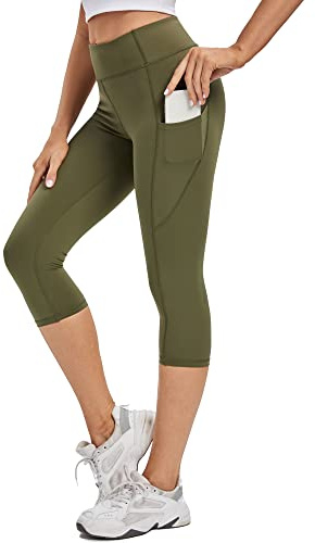 adorence Leggings Corti da Donna, Leggings Sportivi Capri (sentimento di nudità, Vita Alta, opachi), Pantaloni 3/4 Yoga con Tasche, Verde Militare, XL, X029 Verde Esercito, XL