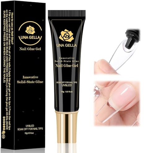 UNA GELLA Solid Nail Glue Gel 15ml Lamp Curing Needed Solid Soak Off U V/LED Lamp Required Super Strong Glue for Fake Acrylic Soft Gel Nail Tips Press On Nails Art Extension
