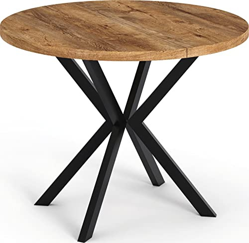 WFL GROUP Table à Manger Extensible Ronde - Table Style Loft avec Pieds Noirs en Métal - 100 à 176 Cm - Table Rond Style Industriel pour Le Salon - Compacte - Chêne Lefkas - 100 Cm
