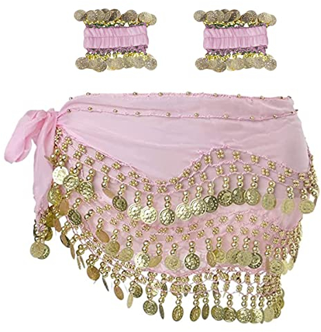 Bauchtanz Hüfttuch mit Armband, 128 Münzen Bauchtanz Rock Wrap Gürtel mit Handgelenk Knöchel Armbänder, Tanz Rock Gürtel Taille Kette für Bauchtanz, Zumba oder Yoga-Klasse, Performance-Kostüm