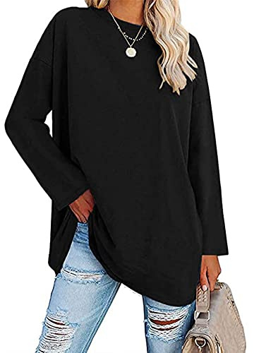 Famulily Black Long T Shirt Loose Tops for Women Ladies Casual Round Neck Long Sleeve Oversized T Shirt Tops Black M