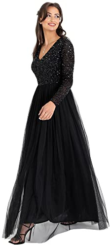 Maya Deluxe Womens Ladies Dress Sleeve for Wedding Guest V Neck High Empire Waist Maxi Long Length Evening Bridesmaid Prom, Robes aux Femmes, Black,