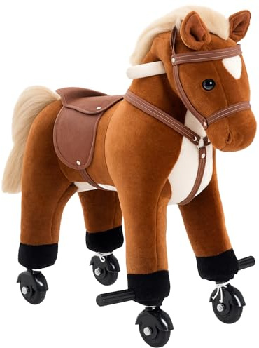 HOMCOM Caballito para Bebes +2 Años Sonidos de Relincho 55x23x60 cm Marrón | Caballo de Juguete, Palos, Ruedas, Pedales, Carga 60 kg