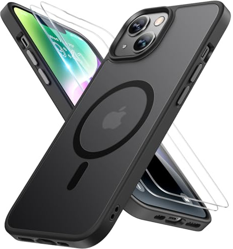 Miracase Magnetisch für iPhone 14 Hülle Kompatibel Mit MagSafe[mit 2 Schutzglas] Militärnorm Schutz Anti-Fingerabdruck Schlanke Ausführung Handyhülle für iPhone 14 6,1 Zoll, Schwarz