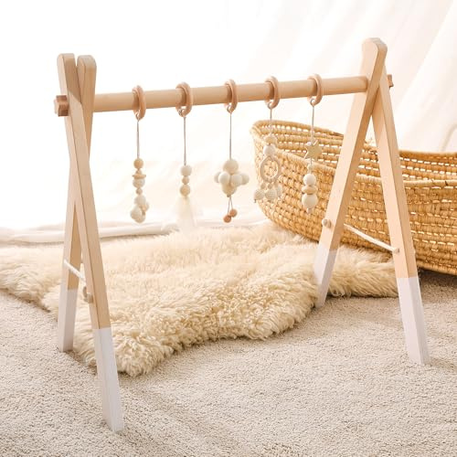 Promise Babe Arco da palestra in legno per bambini, con 5 giocattoli sensoriali staccabili, design in cotone bianco, elementi essenziali per neonati
