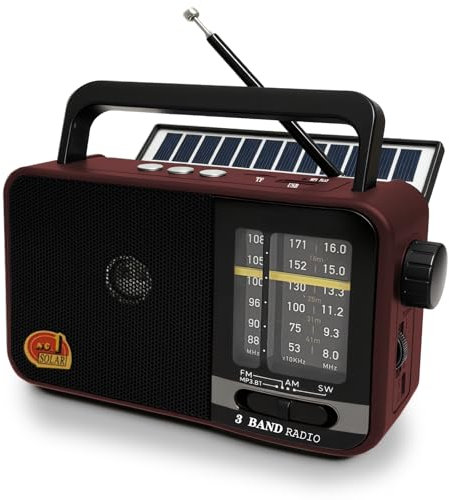 Poste Radio Portable avec Panneau Solaire & Batterie 1200mAh, Récepteur AM/FM/SW avec 8W Haut-Parleur/TWS/USB/TF, Transistor Radio a Pile luetooth pour Camping, Urgences et Extérieures (Rouge)