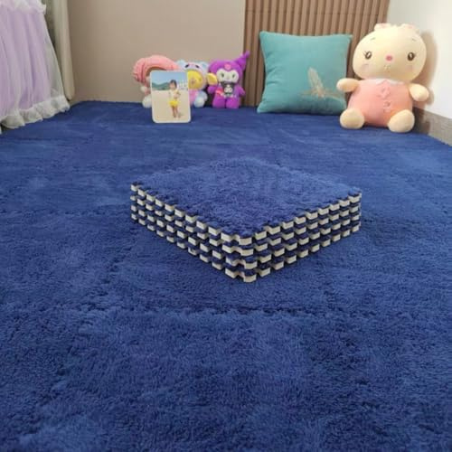 10 Pieces Plush Puzzle Play Mat 12''x12''x0.4'' Interlocking EVA Foam Mats,Shaggy Fluffy Carpet Floor Tiles Non-Slip Protective Floor Area Rug (Navy)