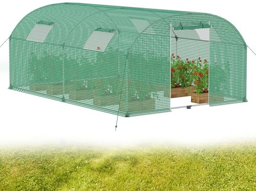 YRHome 3 x 4 x 2 m Groß Foliengewächshaus Gewächshaus Winterfest Verzinkter Stahl Grün Treibhaus Tomatenhaus mit Tür & Fenster Bogen-Design Begehbares Gartenhäuschen für Aufzucht Tomaten Pflanzen