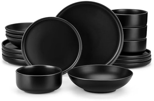 vancasso Black Plates and Bowls Set for 4, Stoneware Dinner Set 16 Piece, Elegant Dinnerware with Matte Glaze, Modern Style Dinner Sets