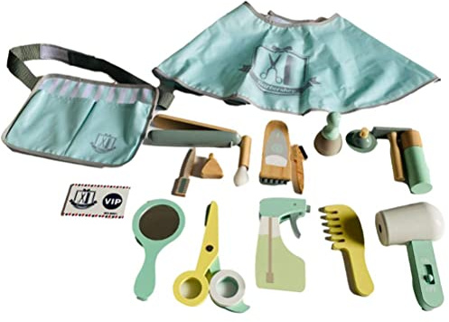 TARSHYRY Kids Hairdressing Set Wooden Haircut Makeup Role Play Toy 18 Pcs Salon Kit With Hair Clipper Curling Iron Hair Dryer For Children Ages 3+ Safe Material