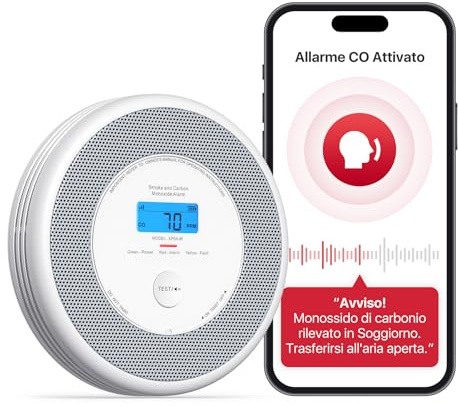 X-Sense Rilevatore di fumo e monossido di carbonio, allarme antincendio con vocale e annuncio della posizione, allarme casa senza fili compatibile con l'app X-Sense Home Security, XP0A-iR, 1 pezzo