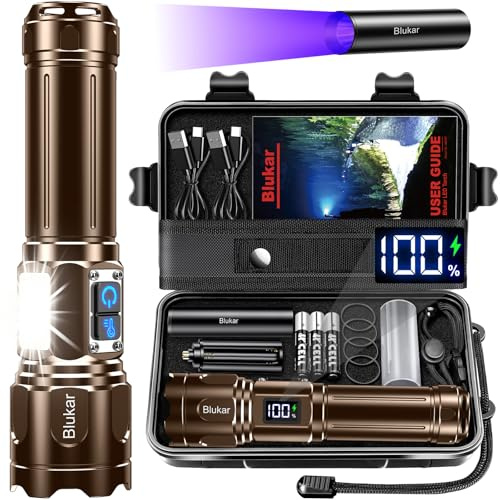 Blukar Lampe Torche Rechargeable, 2 Couleurs Lampe de Poche LED Ultra Puissante avec Éclairage Latéral COB, 7 Modes, Longue Durée 5000mAh, Zoomable, IP67 Étanche Torche pour Camping/Randonnée,Marron