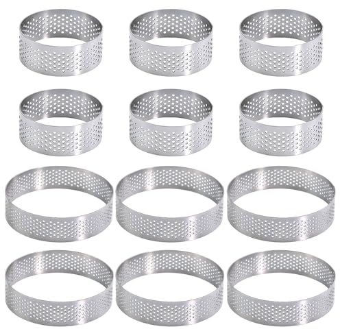 POPAPIE 12 Piezas Moldes Perforados Tartaleta,Aros para Tartas en Acero Inoxidable 430,Anillo de Mousse de Pastel Perforado Para Hacer Quiches Mousses Tartas De Frutas Mini Pizzas(5cm,8 cm)