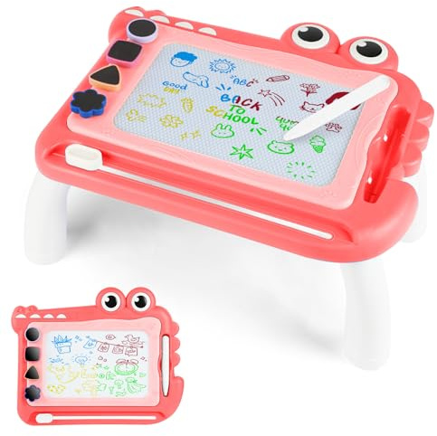OFFCUP Ardoise Magique Enfant, Jouet Bebe 1-5 Ans Planche à Dessin Magnétique à 4 Couleurs avec Stylo et 4 Tampons, Tableau Magnétique Effaçable Jouet Éducatif pour Filles Garçons, Crocodile Rouge