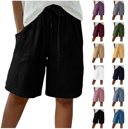 HOOUDO Linen Shorts for Women UK Knee Length Bermuda Summer Shorts Baggy Straight Wide Leg Ladies Short Pants Casual Drawstring Tracksuit Bottoms with Pockets