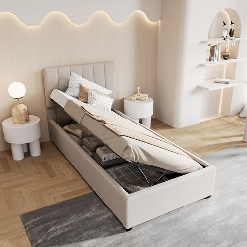 BPKADHY Polsterbett 90x200 cm mit Bettkasten & Hydraulik – Jugendbett Einzelbett mit verstellbarem Kopfteil und Lattenrost – Leinen Beige, stabile Konstruktion, ohne Matratze (Beige-C, 90x200cm)